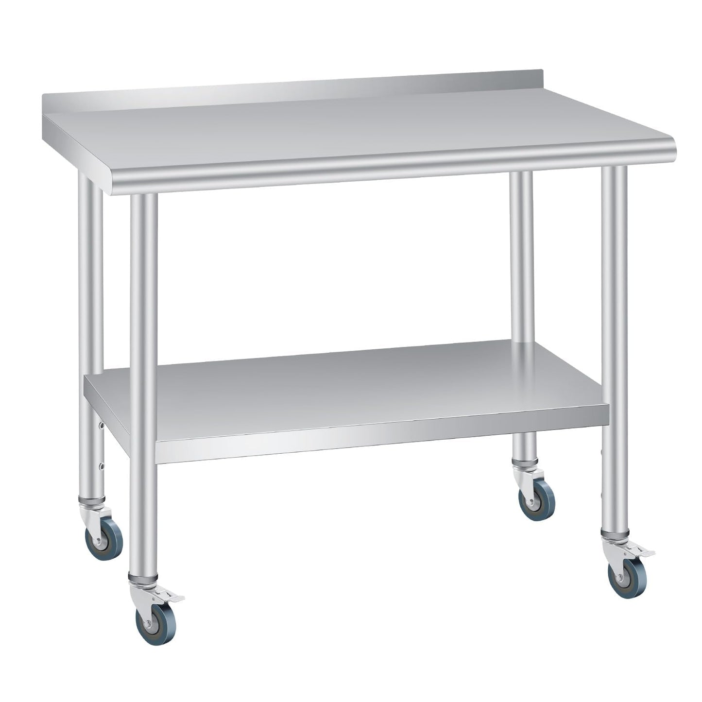 Stainless Steel Prep Table, 48 x 24 inches, with Backsplash & 4 Wheels, Adjustable Undershelf, Commercial Heavy Duty Table with Adjustable Under Shelf for Outdoor Use,Restaurants,Hotels,Works