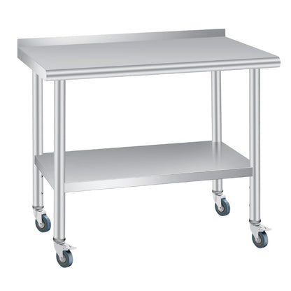 Stainless Steel Prep Table, 48 x 24 inches, with Backsplash & 4 Wheels, Adjustable Undershelf, Commercial Heavy Duty Table with Adjustable Under Shelf for Outdoor Use,Restaurants,Hotels,Works