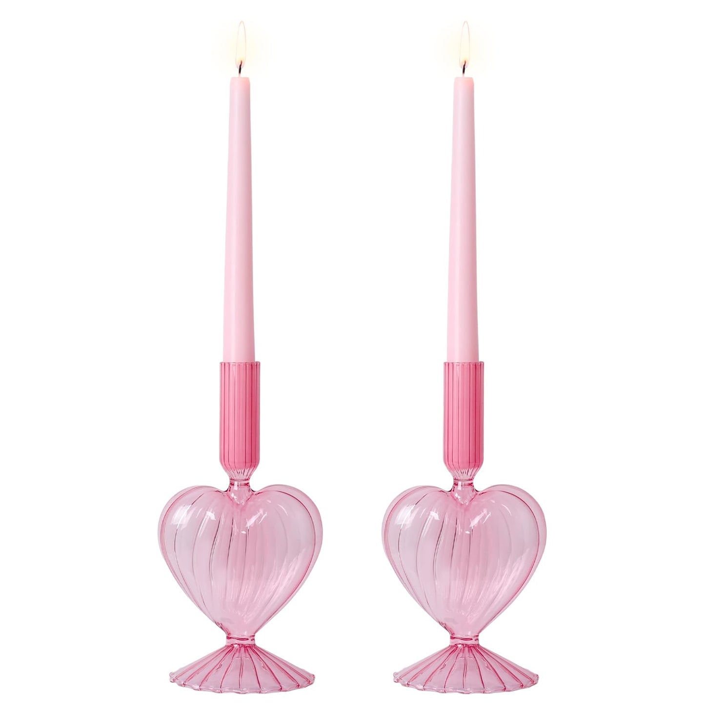 NEEDOMO Valentines Day Decorations, Set of 2 Pink Heart Glass Candlestick Holders for Valentines Decor, Taper Candle Holders Table Centerpieces for Romantic Wedding Party Mantel Decor