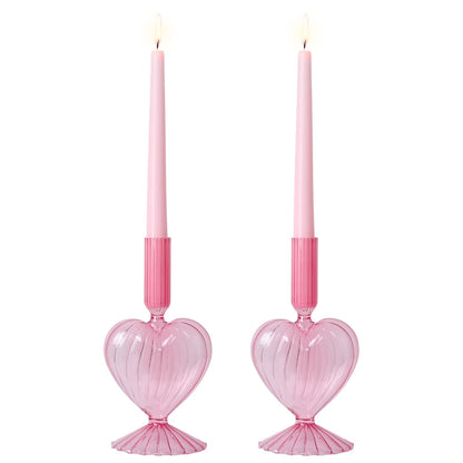 NEEDOMO Valentines Day Decorations, Set of 2 Pink Heart Glass Candlestick Holders for Valentines Decor, Taper Candle Holders Table Centerpieces for Romantic Wedding Party Mantel Decor