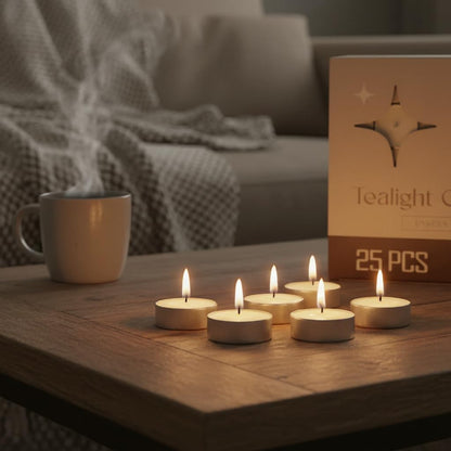 Leor & Lair Tea Lights Candles - 25 Pack - 4 Hour Long Burn Tealight Candles - Small Tea Candle for Home Decoration, Spa, Wedding, Holiday Dinner Table