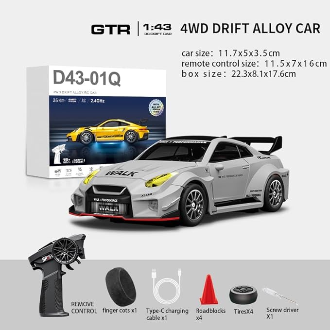 1/43 Scale RC Drift Car 2.4G Full Proportional 4WD Remote Control Car with Gyro Adjustable Speed &amp LED Lights Alloy RC Vehicle for Adult