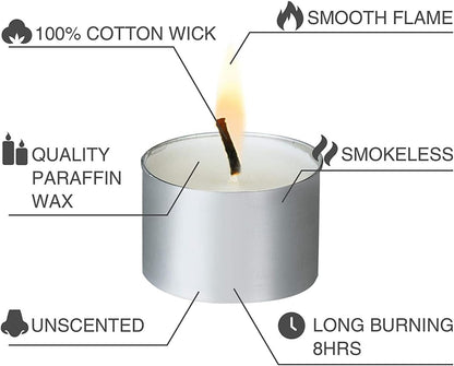 Unscented Tealight Candles, 100% Pure Wax, 9 Hour Burn Time, White, Pack of 100