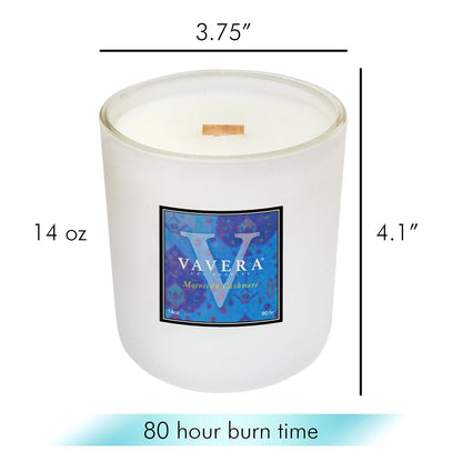 VAVERA Moroccan Cashmere Wood Wick Candles that Crackle, 14oz Matte White Candle. A Rare Botanical Musky Blend. Amazing Versatile Scent for Men, Mothers Day Gifts for Mom! Hand-Crafted in USA.
