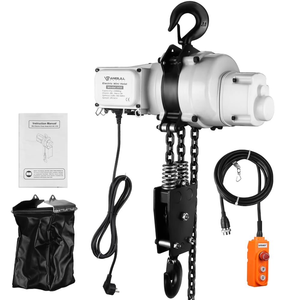 ANBULL 2200lbs FEC Chain Electric Lift Hoist Single Phase Overhead Crane Hoist, DT Grade Carburized Double Chain Hoist with Two 360° Rotatable Hook for Garage Ceiling.(1Ton, 110V,10ft Lift Height)