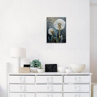Dandelion Canvas Wall Art - Framed Wildflower Botanical Painting | Serene Blue Gray Rustic Decor, 12x16 Inches