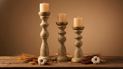 White Washed Hand Carved Wooden Pillar Candle Holders - Set of 3 | Chennai Decorative Style | Crafted from Mango Wood | Rustic Table Centerpiece Decor | Sized 18", 15" and 12"