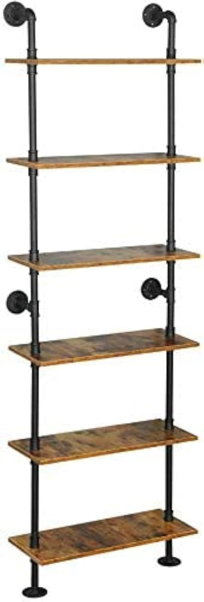 ZIOTHUM 6-Tier Industrial Pipe Shelves Shelf Shelving Rustic Wood Metal Wrought Iron Ladder Bookcase Bookshelf Wall Mounted Mount DIY Loft Vintage Floating Hanging Storage Display (23.6x9.8x78.7)