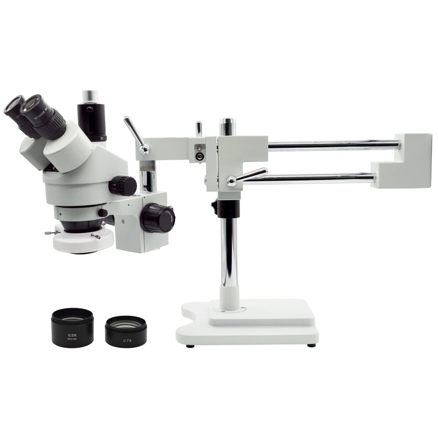 Professional Trinocular Stereo Zoom Microscope, 3.5X-90X Magnification with WF10X Eyepieces, 0.7X-4.5X Zoom Objective and 0.5X & 2.0X Auxiliary Lens, Double-Arm Boom Stand, 56S LED Ring Light