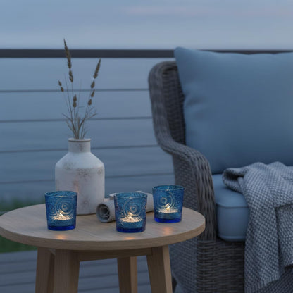 6 Pack Patented Sun Moon Star Embossed Glass Tea Light Candle Holders - Unique Votive Candle Holders for Wedding, Party, and Table Centerpieces (Ocean Blue)