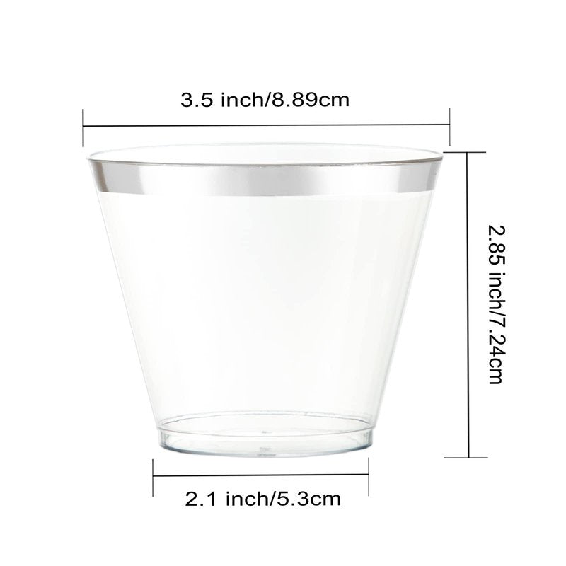 WELLIFE 200pcs Silver Cups, 9OZ Clear Plastic Cups,Plastic Wine Glasses Disposable,Cocktail Glasses for Party and Weddings