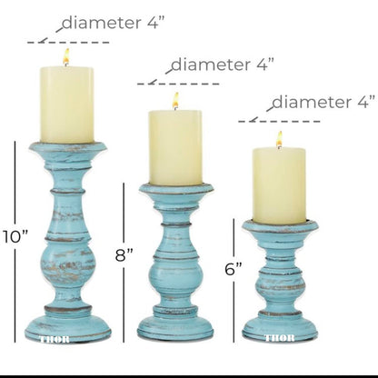 Decorative Light Blue Wood Turned Style Pillar Candle Holder with Distressed Finish, Set of 3 6", 8", 10" H, Light Blue