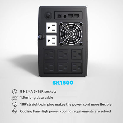 SKE SK1500 1500VA/900W UPS Battery Backup & Surge Protector - Uninterruptible Power Supply with LCD Display, AVR Voltage Regulation, 8 Outlets, Backup Power for PC, Router, NAS & Home Office