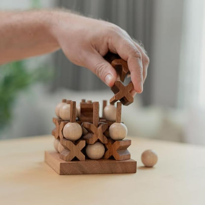 Wooden Tic Tac Toe (XOXO) Game – Handmade 2-Player Strategy Board Game – Travel Size Rustic Tabletop Decor – Sustainable Wood Gift for Adults Couples and Professionals (Mini 3D Tic Tac Toe)