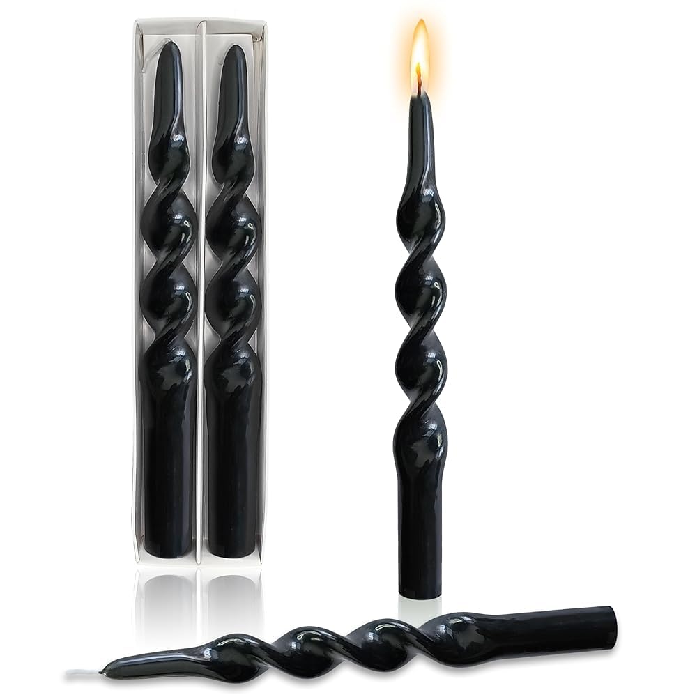 10 Inch Spiral Candles Set of 2 – Unscented Candle Stick, Black Handmade Tapered Candle Long Burning Twisted Candles for Wedding Dinner Table Home Decor