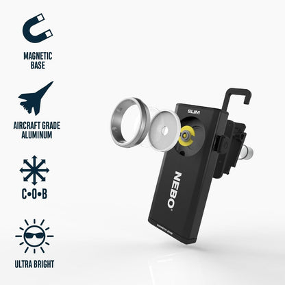 NEBO SLIM Pocket Flashlight | 500 Lumens, Rechargeable Mini EDC Work Light, Magnetic Base & Dimmable Brightness, Durable & Water Resistant, Includes Charging Cable — Black