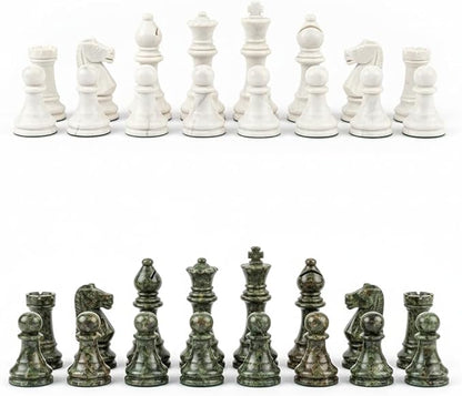 Handcrafted Premium Marble Chess Pieces Set – Elegant 32-Piece Replacement for 12-15 Inch Chess Boards Storage Box (White and Green)