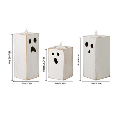 3PCS Halloween Wood Tealight Candle Holders Rustic Wooden Ghost Theme Table Sign Blocks with Tea Light Candle Holder for Farmhouse Centerpieces, Office, Tiered Tray, Shelf Décor