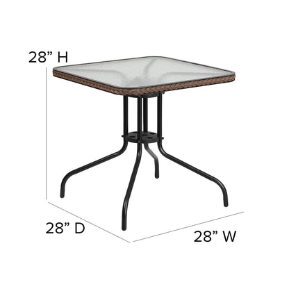 Flash Furniture Barker 28'' Square Tempered Glass Metal Table with Dark Brown Rattan Edging