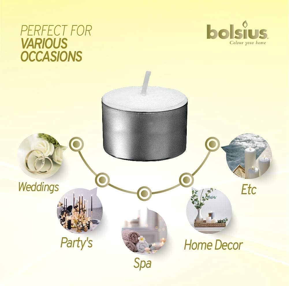 BOLSIUS 50 Unscented Tea Lights - 8 Hours Burn Time - Premium European Quality - Consistent Smokeless Flame - 100% Cotton Wick - Dinner, Wedding, Party, Restaurant, Spa, Church, & Home Décor Tealights