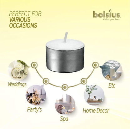 BOLSIUS 50 Unscented Tea Lights - 8 Hours Burn Time - Premium European Quality - Consistent Smokeless Flame - 100% Cotton Wick - Dinner, Wedding, Party, Restaurant, Spa, Church, & Home Décor Tealights