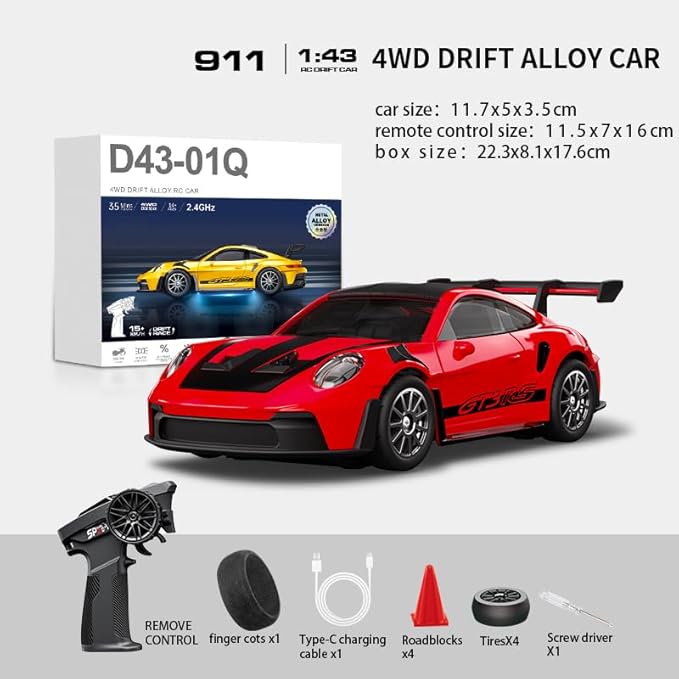 1:43 RC Drift Car 20KM/H with Gyro 2.4G 4WD Full Proportional Alloy Sport Racing Car Adjustable Speed LED Lighting for Teens &amp Adults-D43-01