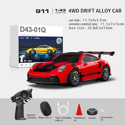 1:43 RC Drift Car 20KM/H with Gyro 2.4G 4WD Full Proportional Alloy Sport Racing Car Adjustable Speed LED Lighting for Teens &amp Adults-D43-01