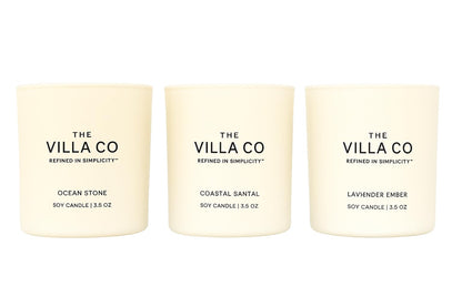 The Villa Co - 3 Candle Luxe Box Gift Set | Ocean Stone | Lavender Ember | Coastal Santal | 3.5oz Each | Poured in The USA |