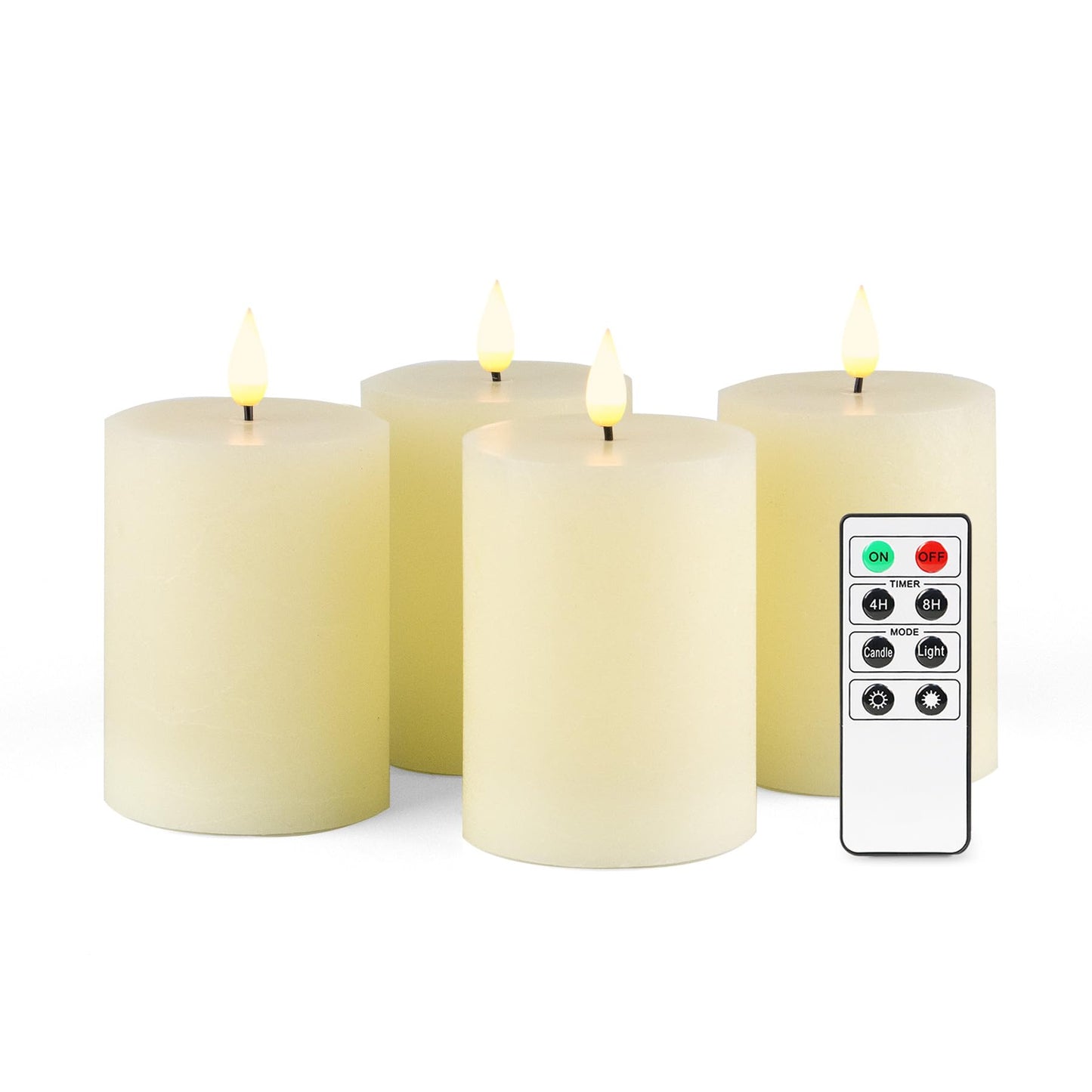 Fanna Flameless LED Pillar Candles with Timer for Wreath, Battery Operated Rustic Wax Candles with Remote for Christmas, 8 Batteries Included - Set of 4 (D 3" x H 4") - Ivory