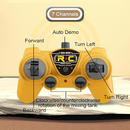RC Cement Mixer Toy Truck for Boys - 6 Channel Remote Control Construction Toys with 2 Rechargeable Batteries 1:24 Auto Demo 360 Degree Stirring Vehicles with Lights for Kids