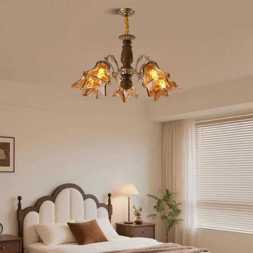 TTBDDDYH 5-Lights E27 French Vintage-Style Living Room Pendant Light Retro American Dining Room and Master Bedroom Ambiance, Handcrafted Frosted Glass Chandelier