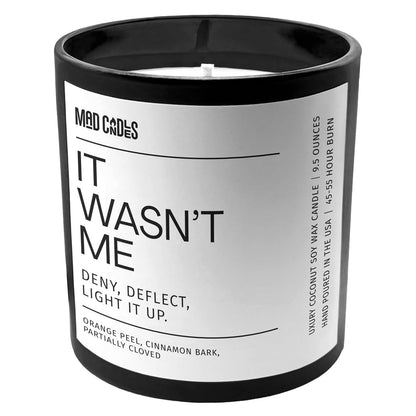 Mad Candles – It WASN’t Me – Sophisticated Warm Spice Scent – Bold Black Candle – 9.5 oz Coconut Soy Wax Blend, Eco-Friendly Gift for Women & Men, Hand Poured in USA, 55-Hour Burn, Clean Cotton Wick