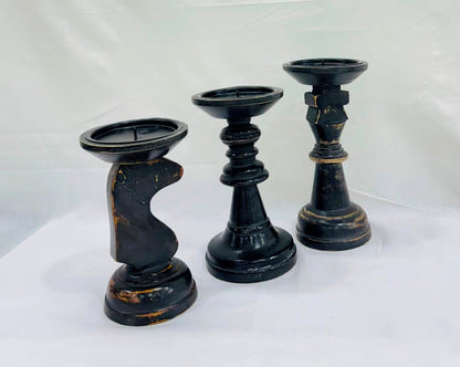 Wooden Black Candle Holders for Pillar Candles Farmhouse Wood Candle Holder Table Centerpiece Decor, Candle Holders Shaped Like Chess Pieces (Set of 3) 6.5X7X8 Inch,