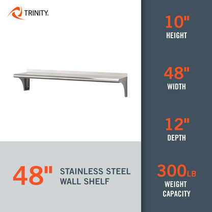 Trinity THA-3326 EcoStorage NSF Commercial-Grade Stainless Steel Wall Shelf for Kitchen, Garage, Pantry, Storage, 48” W x 12” D x 10” H