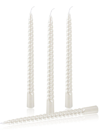 SEVEN LUCKY LIGHT 10 Inch Spiral White Taper Candles Set of 4, Metallic Finish Dripless Candlesticks, 8+ hrs Smokeless Clean Burning for Christmas, Home, Dinner, Wedding & Church Decor