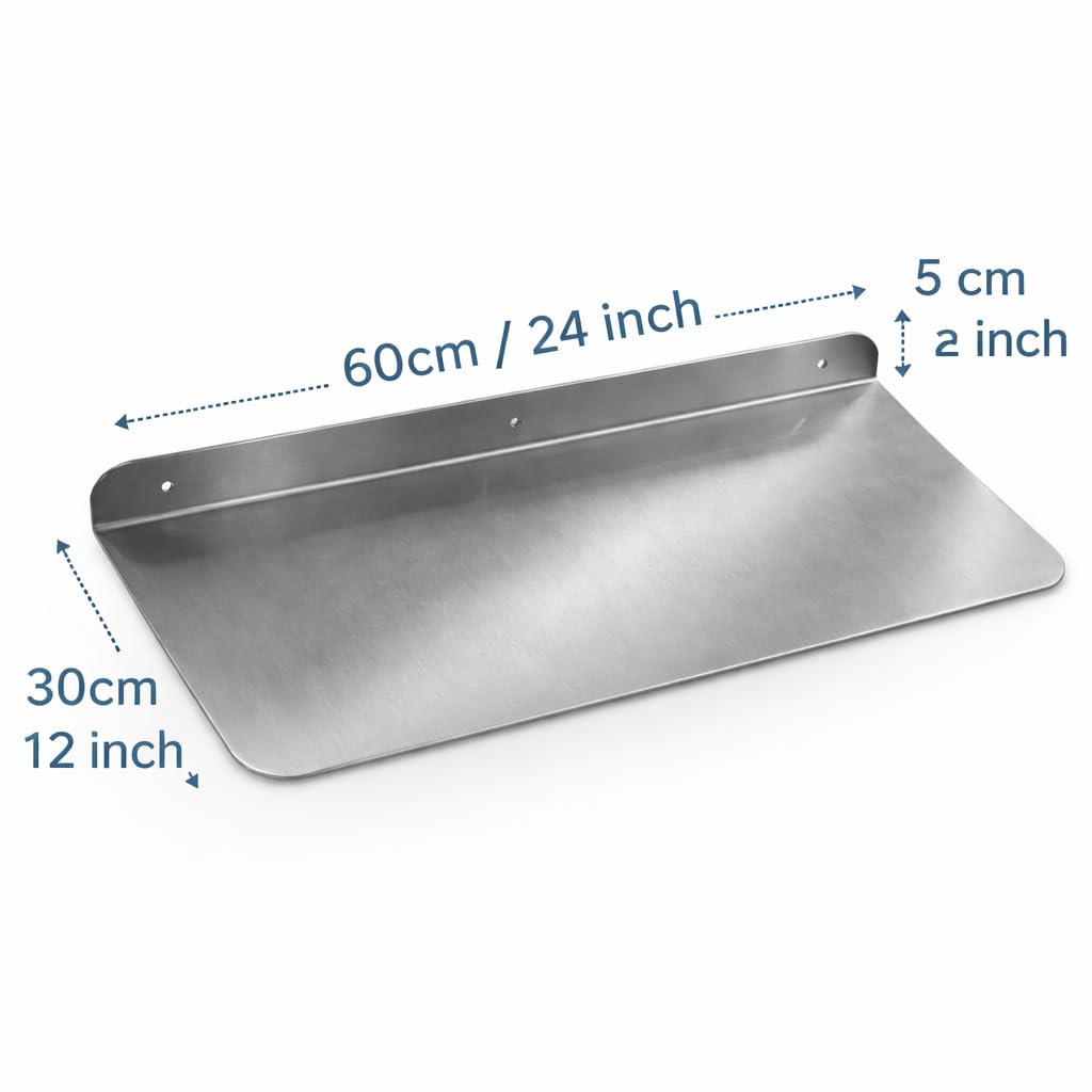 Stainless Steel Rectangular Wall Shelf 12" x 24", Floating Shelf for Bathroom Kitchen Storage, Holds up to 33 lb, Modern Minimalist Wall Decor, Rust Resistant Organizer