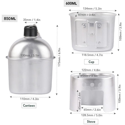 Lixada Military Canteen Set 3pcs Portable Camping Cookware Set Cooking Pots Military Canteen Wooden Stove Cup Set for Camping Hiking Backpack