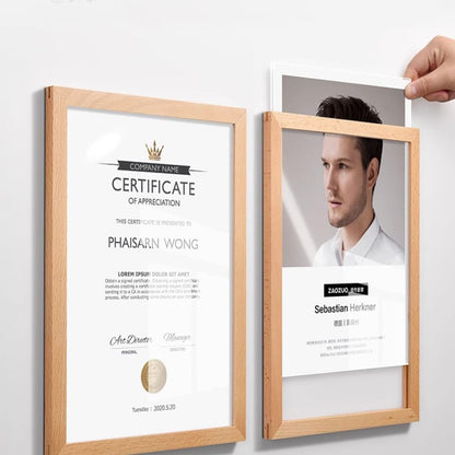 ECKEK Wall Mount Acrylic Sign Holder Self Adhesive Magnetic Display Frame Clear Document Frame for Office, Store, School, Home, Wall Picture Frame (Sapele Wood A5 148×210mm/5.83×8.27inches)