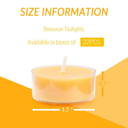 JONERAY 32 Packs Pure Beeswax Tealight Candles Bulk - Clear Cup, Natural Handmade Tea Candles for Dinner Table (Yellow)
