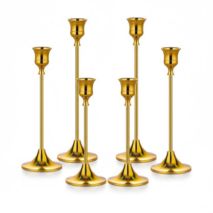 Gold Candlestick Holders Set of 6 – Decorative Taper Candle Holders for Home Decor, Weddings, Parties – Metal Candle Stands Brushed Finish – Easy Assembly – Fits Standard & LED Candles - Christmas