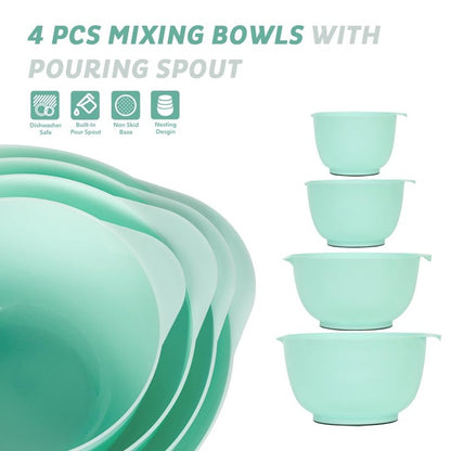 BoxedHome Nesting Plastic Mixing Bowl Set, 4 Piece Mixing Bowl Set with Pour Spouts, Size 1.7, 2.5, 3.5 and 4.5qt, for Prepping, Mixing, Baking, Cooking(2023 New Version, Green)