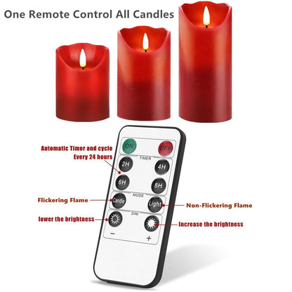 HEIOKEY 3 Pack Red Flickering Flameless Candle Set, Battery Operated Candles with 10-Key Remote Control, Electric Pillar Candle with Timer, Dancing Flames Real Wax Fake Candle for Festive Celebrations