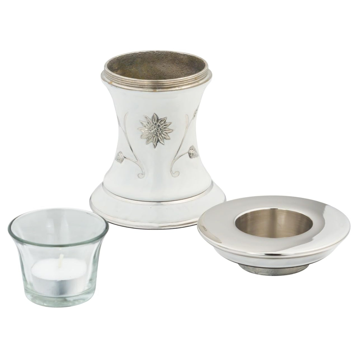 Grace White Tealight Cremation Urn for Ashes, Brass Memorial Candle, White and Silver, Extra Small Sized Cremation Urn, 5.5 Inches High