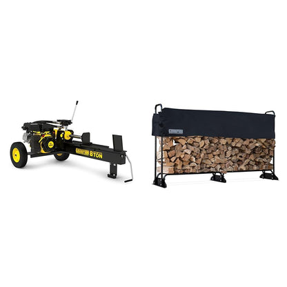 Champion Power Equipment 8-Ton Compact Horizontal Gas Log Splitter with 96-Inch Firewood Heavy Duty Wood Log Rack and Rack Cover