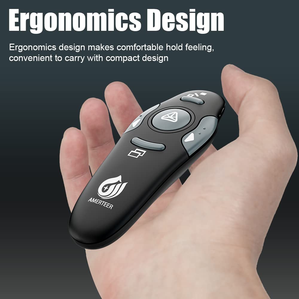 AMERTEER Presentation Clicker Wireless Presenter Remote Clicker for PowerPoint Presentations with Red Pointer, PowerPoint Clicker Slide Advancer for Mac/Windows/Google Slide/PPT.
