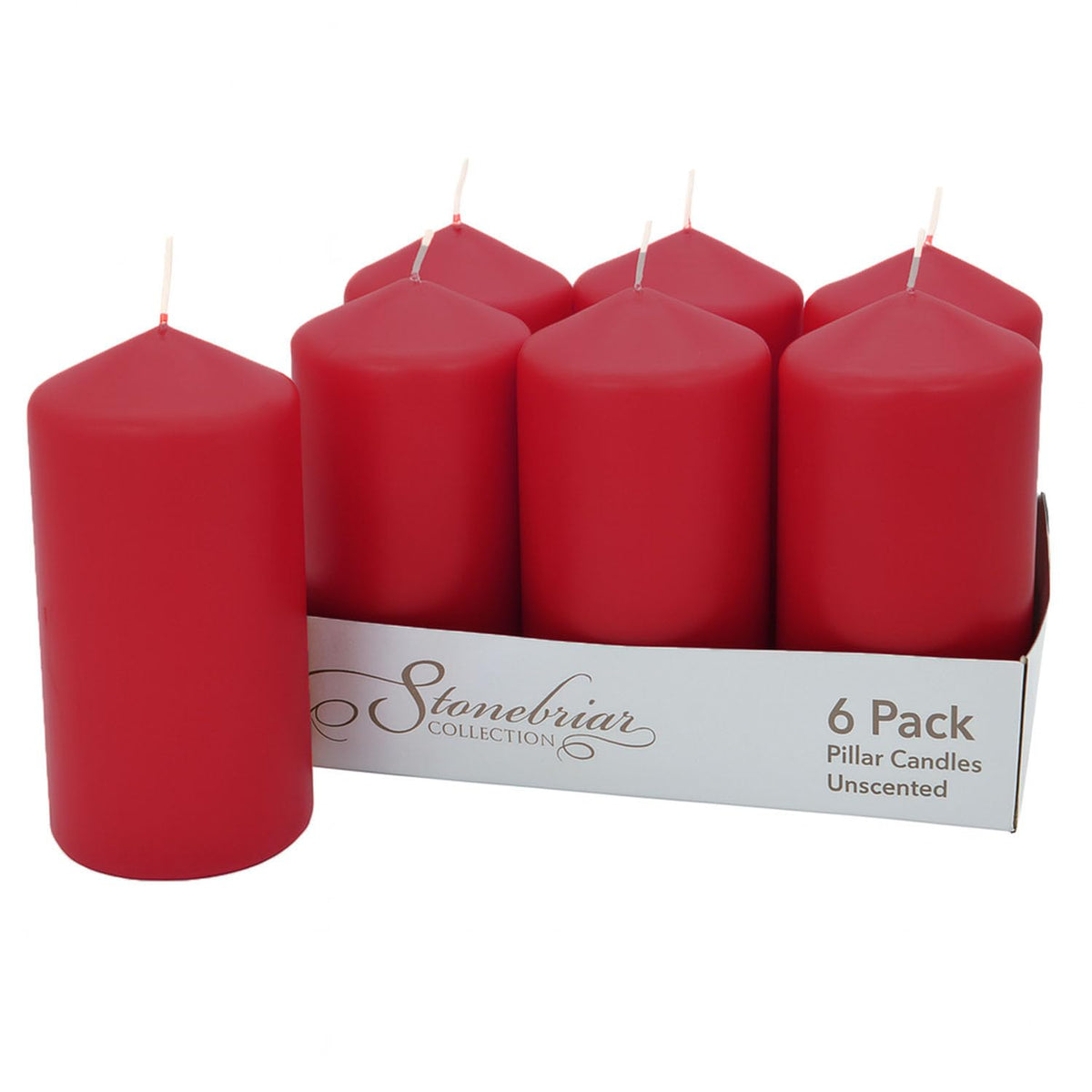 Stonebriar Unscented Pillar Candles – 65 Hour Burn Time, Long-Lasting Wax Candles for Weddings, Holidays, Home Décor & Special Events, Pack of 6, Red, 3" x 6"