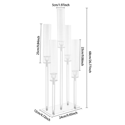 4Pcs 9 Arms Acrylic Candle Holder, Clear Candlestick Holder w/Acrylic Shade, 42.5In Tall Crystal Tapered Candle Holders Centerpieces w/Rectangular Base for Home Wedding Party (6Pcs 5Arms)