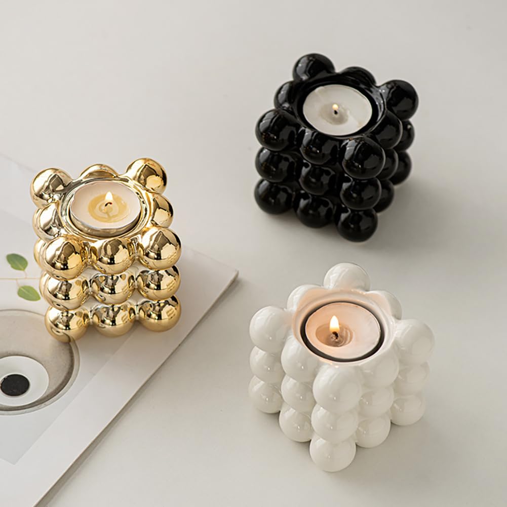 Ceramic Cube Golden Candle Holder Handheld Candlestick Holders Decorative Candle Stand Middle East Arabian Festival Candlestick Dining Table Party Home Decoration Ornament (Gold)