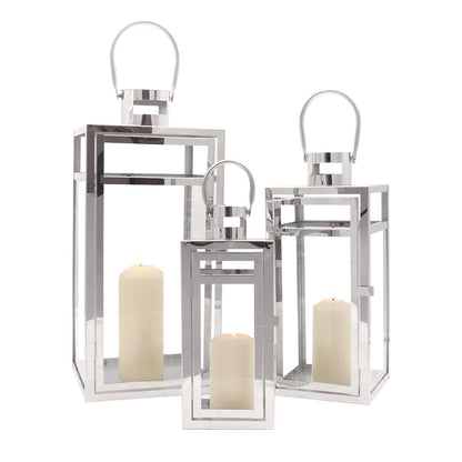 TRIROCKS Stainless Steel Lantern Set of 3, 19" Tall Metal Hanging Lanterns with Clear Glass Panels, Indoor & Outdoor Home Decor for Living Room, Tabletop, Parties & Events - Silver Finish