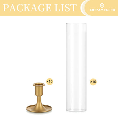 Romadedi Hurricane Candlestick Holders Gold - 10 Pcs Taper Candle Holders Bulk Tall Clear Glass Cylinder for Wedding Table Centerpieces Party Decor Birthday Christmas Home Decorations